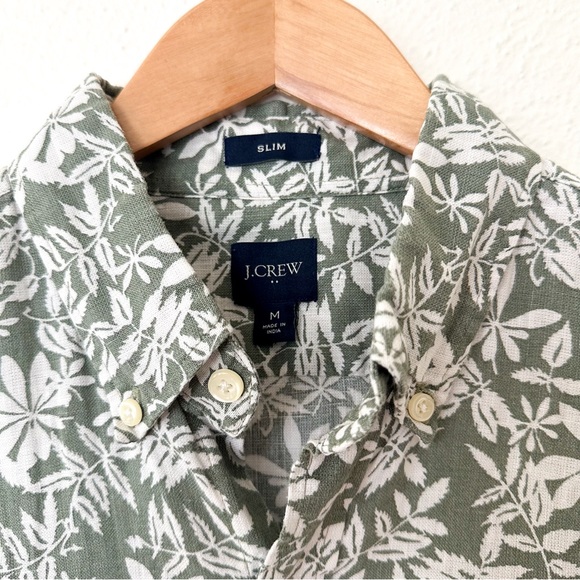 J.Crew Mens Slim Fit Linen Blend Green Tropical Short Sleeve Button Down Shirt - Picture 3 of 4